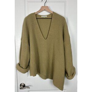 WeWoreWhat Oversized Knit Sweater V-Neck Ribbed Pullover Tan Beige Medium Large
